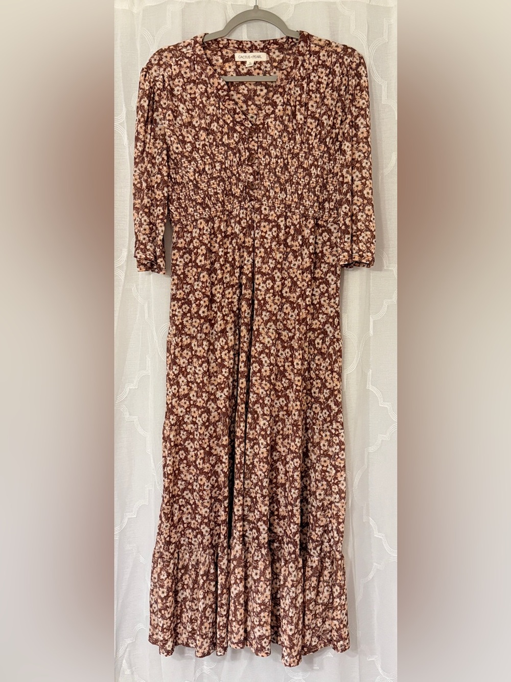 Cactus + Pearl Medium Rust Floral Tiered Boho Maxi Dress